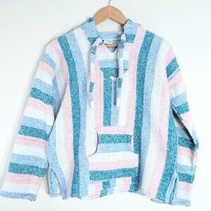 Emisa Pink Blue Baja Hoodie; Pastel Striped Mexican Blanket Pullover
